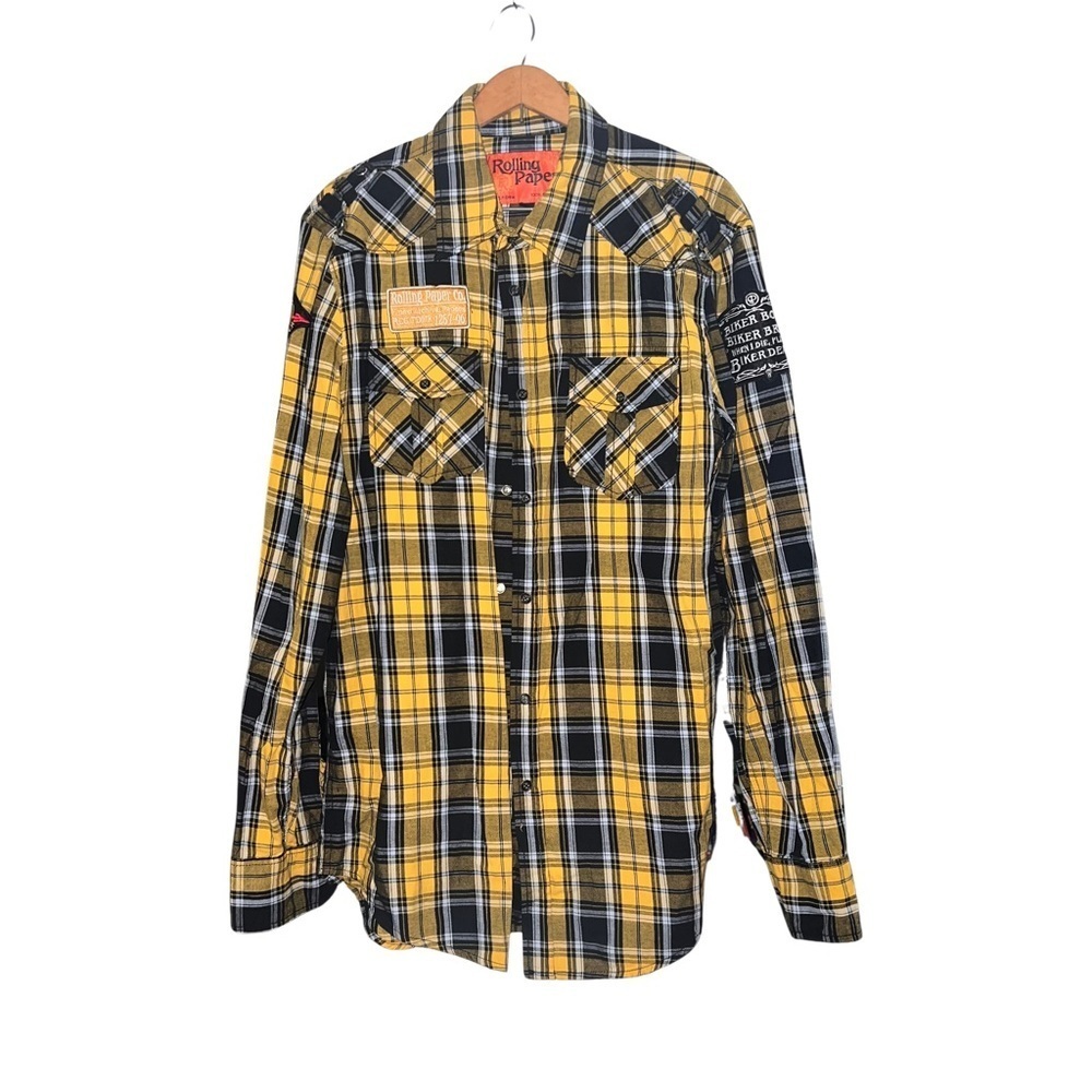 Vintage Rolling Paper Men’s Plaid Biker Button Up Shirt 100% Cotton XL